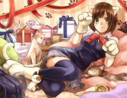 Rule 34 | 1girl, :3, animal ears, animal hands, bad id, bad pixiv id, bag, blue sweater, blue thighhighs, bow, bowtie, box, brown hair, cat, cat ears, cat tail, collared shirt, gift, gift box, gloves, green eyes, grey skirt, idolmaster, idolmaster cinderella girls, idolmaster cinderella girls starlight stage, indoors, kuune (muttey-myg), looking at viewer, lying, maekawa miku, miniskirt, on side, paper bag, paw gloves, pleated skirt, red bow, red bowtie, school bag, school uniform, shirt, short hair, short sleeves, skirt, solo, striped background, striped clothes, striped skirt, sweater, sweater vest, tail, thighhighs, white gloves, white shirt, wing collar, zettai ryouiki