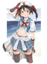 Rule 34 | black thighhighs, gloves, hair between eyes, hat, love live!, love live! school idol project, pjkka, simple background, solo, striped clothes, striped gloves, tagme, thighhighs, white background, white hat, yazawa nico