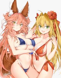Rule 34 | 2girls, absurdres, ahoge, animal ear fluff, animal ears, bare shoulders, bikini, black bikini, blonde hair, blush, breasts, cleavage, closed mouth, collarbone, fate/extra, fate (series), flower, fox ears, fox girl, fox tail, green eyes, grey background, hair flower, hair intakes, hair ornament, highres, huge filesize, large breasts, long hair, looking at viewer, multiple girls, navel, nero claudius (fate), nero claudius (fate) (all), nero claudius (fate/extra), open mouth, pink hair, red bikini, silver (chenwen), simple background, smile, swimsuit, tail, tamamo (fate), tamamo no mae (fate/extra), thighs, two side up, yellow eyes