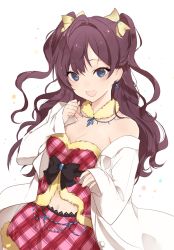 Rule 34 | 10s, 1girl, :d, bare shoulders, blue eyes, blush, bow, breasts, detached collar, earrings, artistic error, extra digits, fur trim, hair bow, ichinose shiki, idolmaster, idolmaster cinderella girls, jewelry, lace, lace-trimmed skirt, lace trim, long hair, looking at viewer, lpip, md5 mismatch, navel, open mouth, plaid, plaid skirt, purple hair, skirt, sleeves past wrists, smile, solo, two side up, upper body, white background