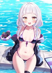 Rule 34 | 1girl, bikini, breasts, cat, cocozasa, grey hair, hair ornament, highleg, highleg swimsuit, highres, hololive, jacket, looking at viewer, murasaki shion, navel, open clothes, pool, shiokko (murasaki shion), sitting, small breasts, swimsuit, thighs, virtual youtuber, water, white hair
