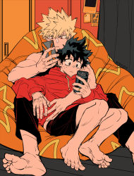 Rule 34 | 2boys, artist name, bakugou katsuki, bare arms, barefoot, bean bag chair, black shorts, blonde hair, boku no hero academia, cellphone, closed mouth, curtains, flat color, freckles, green eyes, green hair, holding, holding phone, hood, hoodie, hug, hug from behind, indoors, jewelry, limited palette, looking at phone, lying on person, male focus, midoriya izuku, milmil (wa ten&#039;nendesu), multiple boys, phone, red eyes, red hoodie, ring, scar, scar on hand, shirt, short hair, shorts, sitting, sleeveless, sleeveless shirt, smartphone, spiked hair, spread legs, v-shaped eyebrows