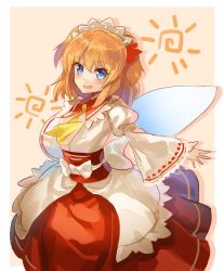 Rule 34 | 1girl, :d, ascot, blue eyes, blush, fairy wings, falken (yutozin), fang, juliet sleeves, long sleeves, looking at viewer, open mouth, orange hair, puffy sleeves, sash, short twintails, smile, solo, sunny milk, touhou, twintails, wide sleeves, wings