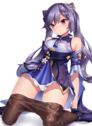 Rule 34 | 1girl, blush, breasts, commentary request, detached sleeves, flower, genshin impact, gloves, gluteal fold, hair between eyes, hair ornament, highres, keqing (genshin impact), kneeling, long hair, neit ni sei, pantyhose, purple eyes, purple hair, removing legwear, shiny skin, shoes, solo, sweatdrop, thighs, twintails, white background