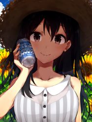 Rule 34 | 1girl, black hair, blue sky, blush, bra, breasts, brown eyes, can, close-up, cloud, collarbone, day, dress, drink, flower, hair between eyes, hand up, hat, holding, holding can, large breasts, long hair, looking at viewer, maruhana, original, outdoors, see-through, sky, smile, solo, straw hat, striped bra, striped clothes, summer, sunflower, sweat, underwear, vertical-striped bra, vertical-striped clothes, white dress