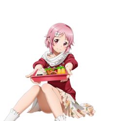 Rule 34 | 1girl, bento, collarbone, convenient leg, flower, hair flower, hair ornament, head tilt, lisbeth (sao-alo), looking at viewer, miniskirt, outstretched arms, pink hair, red eyes, red sweater, shiny skin, short hair, sitting, skirt, smile, socks, solo, sweater, sword art online, transparent background, white flower, white skirt, white socks