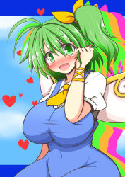 Rule 34 | 1girl, :d, alternate breast size, blush, bow, breasts, daiyousei, fairy wings, full-face blush, green eyes, green hair, hair bow, hand to head, heart, huge breasts, matching hair/eyes, open mouth, rindou (p41neko), shadow, shirt, side ponytail, smile, solo, taut clothes, taut shirt, touhou, wings
