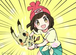 Rule 34 | 1girl, @ @, beanie, brown eyes, brown hair, cocoloco, creatures (company), emphasis lines, floral print, flying teardrops, game freak, gen 7 pokemon, hat, mimikyu, nintendo, pokemon, pokemon (creature), pokemon sm, selene (pokemon), shirt, shorts, simple background, smile, t-shirt, tied shirt, twitter username, yellow background, z-move, z-ring