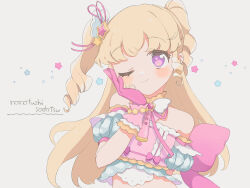 Rule 34 | 1girl, absurdres, artist name, bare shoulders, blonde hair, closed mouth, cropped shirt, detached sleeves, grey background, hair ornament, hand on own cheek, hand on own face, hand up, highres, idol time pripara, long hair, looking at viewer, nanafushi sodatsu, one eye closed, pink shirt, pretty series, pripara, puffy detached sleeves, puffy sleeves, purple eyes, ringlets, shirt, simple background, smile, solo, star (symbol), star hair ornament, two side up, upper body, yumekawa yui