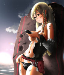 Rule 34 | 1girl, black panties, blonde hair, blouse, blush, braid, breasts, brown eyes, cellphone, commentary, dirty, french braid, highres, kantai collection, large breasts, long hair, miniskirt, navel, ocean, open mouth, panties, phone, revision, shirt, skirt, smartphone, solo, sunset, tama (tamago), torn clothes, torn shirt, torn skirt, underwear, wavy hair, white shirt, zara (kancolle), zara due (kancolle)