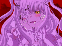 Rule 34 | 1girl, flower, frills, gathers, hair flower, hair ornament, hands on own cheeks, hands on own face, kirakishou, kyanpin, long hair, looking at viewer, mirai nikki, open mouth, parody, red background, rozen maiden, solo, two side up, yandere trance, yellow eyes