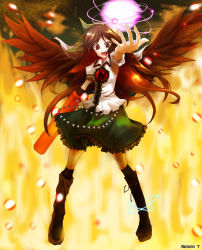Rule 34 | 1girl, artist name, brown hair, female focus, fire, full body, gradient background, kanonn y, long hair, outstretched arm, red eyes, reiuji utsuho, skirt, solo, standing, touhou, wings