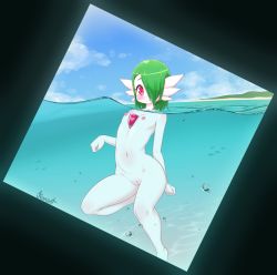 Rule 34 | 1girl, blue sky, blush, cleft of venus, closed mouth, colored skin, completely nude, creatures (company), day, flat chest, game freak, gardevoir, gen 3 pokemon, green hair, hair over one eye, kionant, looking at viewer, medium hair, navel, nintendo, nipples, nude, one eye covered, outdoors, partially submerged, partially underwater shot, pokemon, pokemon (creature), pussy, skinny dipping, sky, solo, swimming, uncensored, underwater, white skin