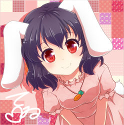 Rule 34 | 1girl, animal ears, black hair, blush, rabbit ears, rabbit tail, carrot, carrot necklace, dress, inaba tewi, jewelry, looking at viewer, necklace, pendant, short hair, smile, tail, touhou, zashiki usagi