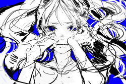 Rule 34 | 1girl, alternate eye color, bad id, bad pixiv id, blue background, blue eyes, crying, facing viewer, hands on own cheeks, hands on own face, hatsune miku, long hair, looking at viewer, messy hair, mitsui, monochrome, simple background, sketch, spot color, tears, topless frame, twintails, upper body, vocaloid