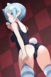 Rule 34 | 1girl, alice gear aegis, animal ears, ass, back, bear ears, bear tail, blue eyes, blue hair, blush, breasts, commentary request, cowboy shot, looking back, nina kalinina, school swimsuit, shimada fumikane, solo, striped clothes, striped thighhighs, swimsuit, tail, thighhighs