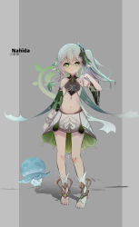 Rule 34 | 1girl, absurdres, character name, crop top, detached sleeves, feet, full body, genshin impact, green eyes, grey background, grey hair, hand on own chest, highres, long hair, midriff, nahida (genshin impact), navel, pointy ears, qixia, side ponytail, simple background, skirt, smile, socks, solo, thighs, toeless footwear, toes, white skirt, white socks