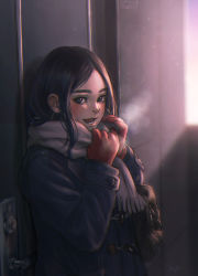 Rule 34 | 10s, 1girl, absurdres, adjusting scarf, artist name, asirpa, bad id, bad pixiv id, bag, black hair, blue eyes, blush, bookbag, breath, coat, contemporary, door, earrings, gloves, golden kamuy, highres, hoop earrings, jewelry, long hair, looking at viewer, mprichin, open mouth, parted bangs, red gloves, scarf, signature, solo, thick eyebrows, upper body