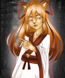 Rule 34 | 1girl, animal ears, artist request, ceroba, cigarette, eyebrows, fangs, forest, fox, fox ears, furry, furry female, holding, holding cigarette, japanese clothes, kimono, long hair, looking at viewer, nature, non-web source, orange hair, outdoors, smoking, solo, standing, undertale, undertale yellow, white kimono