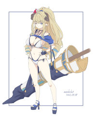 Rule 34 | 1girl, artist name, bikini, blonde hair, blue eyes, blue hair, breasts, commentary request, dated, draph, drill hair, flower, full body, granblue fantasy, hair flower, hair ornament, hands on own hips, highres, horns, kichihachi, large breasts, long hair, multicolored hair, navel, one eye closed, pointy ears, razia, sandals, solo, standing, swimsuit, sword, two-tone hair, weapon, white background, white bikini