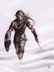 Rule 34 | 1boy, astor alexander, blonde hair, blood, gloves, hat, highres, holding, holding sword, holding weapon, hylian shield, injury, link, male focus, manly, master sword, nintendo, pointy ears, shield, solo, sword, the legend of zelda, tunic, weapon