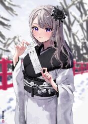 Rule 34 | 1girl, blue eyes, blush, chigusa minori, commentary request, grey hair, hair ornament, highres, holding, japanese clothes, kimono, long hair, long sleeves, looking at viewer, omikuji, outdoors, parted lips, saotome shino (shino to ren), shino to ren, smile, snow, solo, white kimono