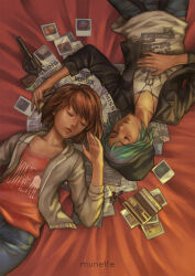 Rule 34 | 2girls, artist name, beanie, bed, black jacket, blue hair, brown hair, camera, chloe price, closed eyes, collarbone, denim, english text, gun, hair between eyes, hand on own stomach, handgun, hat, indoors, jacket, jeans, jewelry, key, charm (object), life is strange, lips, long sleeves, lying, max caulfield, multicolored hair, multiple girls, munette, necklace, newspaper, on back, pale skin, pants, photo (object), pink hair, pink shirt, polaroid, revolver, shirt, short hair, sleeping, sleeves past elbows, two-tone hair, weapon, white jacket, white shirt