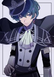Rule 34 | 1boy, 3sasakado, ascot, blue eyes, blue hair, byleth (fire emblem), byleth (male) (fire emblem), dagger, fire emblem, fire emblem: three houses, garreg mach monastery uniform, gloves, grey background, hand on own hip, hat, highres, knife, looking at viewer, male focus, nintendo, sheath, sheathed, short hair, simple background, smile, solo, uniform, upper body, weapon
