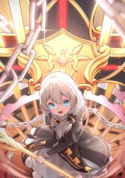 Rule 34 | 1girl, :o, absurdres, black dress, blue eyes, cross (weapon), dress, ha kang, highres, holding, holding polearm, holding weapon, honkai (series), honkai impact 3rd, long hair, long sleeves, looking at viewer, nun, open mouth, polearm, side ponytail, solo, spear, theresa apocalypse, theresa apocalypse (valkyrie pledge), v-shaped eyebrows, weapon, white hair