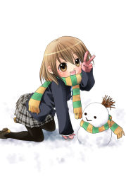 Rule 34 | all fours, aruki, brown eyes, brown hair, gloves, hirasawa yui, k-on!, pantyhose, plaid, plaid skirt, scarf, school uniform, short hair, skirt, snowman, striped clothes, striped scarf, v