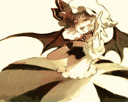 Rule 34 | 1girl, bat wings, face, female focus, foreshortening, hand on own chest, hat, monochrome, open mouth, outstretched arm, outstretched hand, remilia scarlet, sepia, short hair, solo, sugi, touhou, wings
