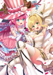 Rule 34 | 10s, 2girls, :d, absurdres, ahoge, bad id, bad pixiv id, blonde hair, blue eyes, blurry, blurry background, blush, boots, breasts, chain, cleavage, collar, collarbone, commentary request, depth of field, detached collar, detached sleeves, dragon tail, dress, earrings, elizabeth bathory (fate), elizabeth bathory (fate/extra ccc), elizabeth bathory (third ascension) (fate), fang, fate/extra, fate/extra ccc, fate (series), flower, full-length zipper, gloves, green eyes, hair between eyes, hair flower, hair intakes, hair ornament, hat, head tilt, highres, holding, holding microphone, jewelry, large breasts, leotard, lock, long hair, long sleeves, microphone, multiple girls, navy (navy.blue), nero claudius (bride) (fate), nero claudius (bride) (second ascension) (fate), nero claudius (fate), nero claudius (fate) (all), open mouth, padlock, petals, pig, pointy ears, polka dot, polka dot dress, puffy short sleeves, puffy sleeves, short sleeves, sidelocks, sleeveless, sleeveless dress, sleeves past wrists, smile, squirrel, strapless, strapless leotard, striped clothes, striped dress, striped headwear, tail, thigh boots, thighhighs, top hat, torn clothes, veil, vertical-striped clothes, vertical-striped dress, vertical-striped headwear, very long hair, white background, white collar, white dress, white footwear, white gloves, white legwear, white leotard, zipper