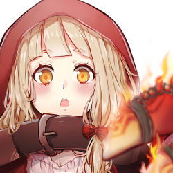 Rule 34 | 1girl, :o, belt, belt buckle, blonde hair, blurry, blurry foreground, blush, buckle, fire, hair between eyes, hair ribbon, highres, long hair, looking at viewer, portrait, red hood, red riding hood (sinoalice), ribbon, rico tta, simple background, sinoalice, solo, white background, yellow eyes