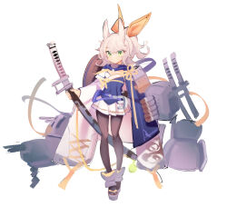Rule 34 | 1girl, absurdres, armor, arthropod girl, azur lane, bare shoulders, black footwear, blush, boots, bow, breasts, brown pantyhose, cannon, cape, cleavage, closed mouth, covered navel, detached sleeves, expressionless, full body, geta, green eyes, grey hair, hair between eyes, hair bow, hair ribbon, hand on hilt, high ponytail, highres, holding, holding sheath, holding sword, holding weapon, insect girl, insect wings, japanese armor, japanese clothes, katana, kitakaze (azur lane), long hair, long sleeves, looking at viewer, machinery, miniskirt, moriri, moth girl, moth wings, orange ribbon, pantyhose, pauldrons, platform footwear, pleated skirt, ponytail, ribbon, rigging, rudder footwear, scabbard, sheath, sheathed, shirt, shoulder armor, sidelocks, simple background, sketch, skirt, small breasts, sode, solo, standing, strapless, sword, turret, v-shaped eyebrows, weapon, white background, white footwear, white skirt, white sleeves, wide sleeves, wings