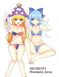 Rule 34 | 2girls, american flag bikini, american flag print, arm up, artist name, ass, bandeau, bare arms, bare legs, bare shoulders, barefoot, bikini, blonde hair, blue bikini, blue bow, blue eyes, blue hair, bow, breasts, cameltoe, cirno, clownpiece, commentary request, fairy wings, feet out of frame, flag print, grin, groin, hair between eyes, hair bow, hat, highres, ice, ice wings, jester cap, knee up, long hair, looking at viewer, multiple girls, navel, one eye closed, open mouth, ougi hina, polka dot, polka dot headwear, print bikini, purple eyes, purple headwear, red bikini, short hair, sidelocks, sitting, small breasts, smile, standing, star (symbol), star print, stomach, strapless, strapless bikini, striped bikini, striped clothes, swimsuit, thighs, touhou, twitter username, very long hair, w, white bikini, wings