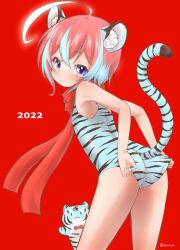 Rule 34 | 1girl, 2022, adjusting clothes, adjusting swimsuit, ahoge, animal, animal ear fluff, animal ears, animal print, ass, bare arms, bare shoulders, blue eyes, blue hair, blue one-piece swimsuit, chinese zodiac, commentary request, leaning forward, multicolored hair, muu rian, one-piece swimsuit, original, red background, red hair, red scarf, scarf, simple background, solo, star (symbol), star in eye, streaked hair, swimsuit, symbol in eye, tail, tail raised, tiger, tiger ears, tiger girl, tiger print, tiger tail, twitter username, year of the tiger
