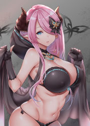 Rule 34 | 1girl, bare shoulders, bikini, black bikini, black bow, black gloves, blue eyes, bow, breasts, bug, butterfly, cleavage, draph, artistic error, eyes visible through hair, fingerless gloves, gloves, granblue fantasy, hair bow, hair ornament, hair over one eye, highres, hood, hood down, horns, insect, jewelry, large breasts, lips, long hair, looking at viewer, mushi024, narmaya (granblue fantasy), narmaya (the black butterfly) (granblue fantasy), necklace, parted lips, pink hair, pointy ears, revision, side-tie bikini bottom, skindentation, solo, stomach, swimsuit