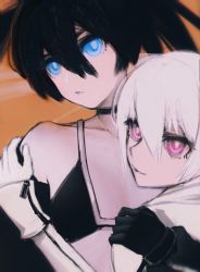 Rule 34 | 2girls, bikini, black bikini, black choker, black gloves, black hair, black rock shooter, black rock shooter (character), blue eyes, choker, closed mouth, collarbone, flat chest, gloves, hair between eyes, hand on another&#039;s shoulder, highres, ly (pixiv13839236), multiple girls, orange background, pink eyes, silver hair, smile, swimsuit, twintails, upper body, white gloves, white rock shooter
