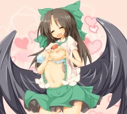 Rule 34 | 1girl, bare arms, black wings, blue bra, bow, bra, breasts, brown hair, cowboy shot, closed eyes, green bow, green skirt, hair bow, heart, heart-shaped boob challenge, honyaa (honya--1123), medium breasts, miniskirt, navel, one breast out, open mouth, pink background, reiuji utsuho, short sleeves, skirt, smile, solo, standing, stomach, third eye, touhou, underwear, wings