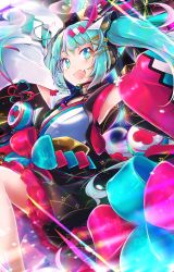 Rule 34 | 1girl, akino coto, aqua eyes, aqua hair, arms up, asymmetrical sleeves, detached sleeves, frilled skirt, frills, hair ornament, hairclip, hatsune miku, headset, highres, japanese clothes, looking at viewer, magical mirai miku, magical mirai miku (2020 summer), mismatched sleeves, open mouth, skirt, solo, twintails, vocaloid