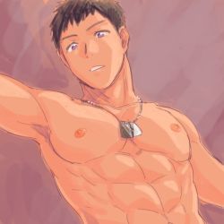 Rule 34 | 10s, abs, armpits, brown background, brown hair, dog tags, idolmaster, idolmaster side-m, looking at viewer, looking down, male focus, muscular, nipples, parted lips, pectorals, purple eyes, shingen seiji, topless male, short hair, simple background, solo, upper body, very short hair, youhe hino
