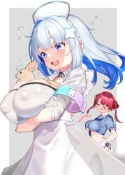 Rule 34 | 2girls, :q, alternate breast size, amane kanata, amane kanata (nurse), armband, arms under breasts, bandaged arm, bandages, between breasts, blue eyes, blue hair, blush, breasts, cleavage, closed eyes, colored inner hair, covered erect nipples, crop top, dongchuan, flying sweatdrops, gloves, hair ornament, hair ribbon, hat, highres, hololive, houshou marine, large breasts, long hair, multicolored hair, multiple girls, no pants, nurse, nurse cap, open mouth, panties, puffy nipples, rabbit, red hair, ribbon, side-tie panties, smile, sweat, tongue, tongue out, twintails, underboob, underwear, virtual youtuber, white gloves, white hair, x hair ornament