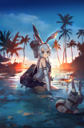 Rule 34 | 10s, 1girl, :3, backlighting, bad id, bad pixiv id, beach umbrella, black bow, black panties, blonde hair, blue skirt, blue sky, blurry, bow, elbow gloves, gloves, grey eyes, hairband, highleg, highleg panties, highres, kantai collection, lifebuoy, long hair, looking at viewer, machinery, midriff, outdoors, palm tree, panties, partially submerged, pleated skirt, rabbit (tukenitian), reflection, rensouhou-chan, shimakaze (kancolle), sitting, skirt, sky, sleeveless, solo, striped clothes, striped thighhighs, sunrise, swim ring, thighhighs, tree, tropical, umbrella, underwear, water, white gloves