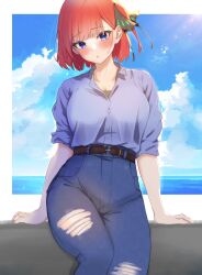Rule 34 | 1girl, arms at sides, belt, blue eyes, blue shirt, blush, breasts, butterfly hair ornament, denim, go-toubun no hanayome, hair ornament, head tilt, high-waist pants, highres, jeans, kakato 0, large breasts, looking at viewer, nakano nino, ocean, pants, parted lips, red hair, shirt, sitting, sky, solo, torn clothes, torn jeans, torn pants
