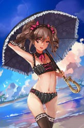 Rule 34 | 10s, 1girl, beach, bikini, black bikini, black gloves, black thighhighs, blue sky, breasts, cloud, day, detached collar, drill hair, elbow gloves, gloves, gradient background, hair between eyes, hairband, highres, holding, holding umbrella, idolmaster, idolmaster cinderella girls, kanzaki ranko, lens flare, lolita hairband, long hair, looking at viewer, mizukiyan, open mouth, outdoors, parasol, pink eyes, red eyes, ribbon-trimmed collar, ribbon trim, silver hair, sky, small breasts, smile, solo, striped bikini, striped clothes, swimsuit, thigh gap, thighhighs, twin drills, twintails, umbrella, v, v over eye, vertical-striped bikini, vertical-striped clothes, water, waves