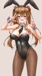 Rule 34 | 1girl, :d, absurdres, animal ears, arms up, bare arms, bare shoulders, between breasts, black leotard, black necktie, breasts, brown hair, brown pantyhose, cleavage, covered navel, cowboy shot, crossed bangs, detached collar, dot nose, fake animal ears, fake tail, girls&#039; frontline, gluteal fold, hair between eyes, hair ornament, hands up, heart, heart hair ornament, highleg, highleg leotard, highres, hoppo, korean commentary, large breasts, legs apart, leotard, looking at viewer, necktie, necktie between breasts, open mouth, pantyhose, playboy bunny, rabbit ears, rabbit tail, red eyes, scar, scar across eye, scar on face, smile, solo, standing, strapless, strapless leotard, tail, teeth, twintails, ump9 (girls&#039; frontline), upper teeth only, v, w, wrist cuffs