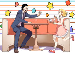 Rule 34 | 1boy, 1girl, :d, ^ ^, bare shoulders, belt, bench, benimura karu, black hair, blonde hair, blue eyes, blush, booth seating, child, closed eyes, coffee, collared shirt, dress, dress shirt, food, formal, frills, from side, full body, ice cream, jacket, karukaru, lace, long sleeves, necktie, open clothes, open jacket, open mouth, original, outstretched arms, pink dress, profile, red necktie, red upholstery, running, shapes, shirt, short hair, sitting, smile, star (symbol), suit, sundae, surprised, table, tray, waitress, white belt, white legwear, white shirt