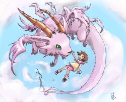 Rule 34 | cloud, digimon, digimon (creature), dragon, green eyes, highres, holydramon, horns, scarf, sky, smile, yagami hikari
