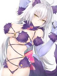 Rule 34 | 1girl, ahoge, animal ears, arm up, bow, breasts, cleavage, closed mouth, cosplay, cowboy shot, elbow gloves, fang, fate/grand order, fate (series), fur collar, fur trim, gloves, grey hair, hair between eyes, half-closed eyes, hand up, highres, jeanne d&#039;arc (fate), jeanne d&#039;arc alter (avenger) (fate), jeanne d&#039;arc alter (fate), kyouki, large bow, large breasts, long hair, looking at viewer, mash kyrielight, mash kyrielight (dangerous beast), mash kyrielight (dangerous beast) (cosplay), navel, o-ring, o-ring top, official alternate costume, pink bow, purple gloves, sidelocks, simple background, solo, tail, thighs, tsurime, very long hair, white background, wolf ears, wolf tail, yellow eyes
