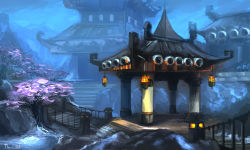 Rule 34 | absurdres, architecture, bridge, building, cherry blossoms, east asian architecture, highres, lantern, no humans, scenery, tlrose, tree, warcraft, world of warcraft